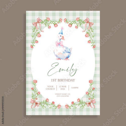 Cute watercolor white goose duck with party hat on green gingham background, floral rose vine bow frame girl 1st birthday invitation card template vector