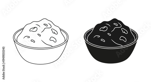 A monochrome illustration depicts two small bowls filled with a textured substance possibly food shown in positive and negative views