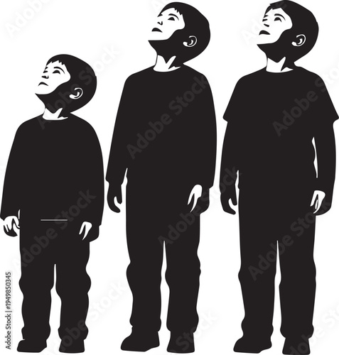 Three boys in varying sizes looking up vector silhouette illustration showing growth stages