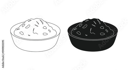 A simple black and white illustration depicts two bowls of food one light and one dark with scattered contents high quality