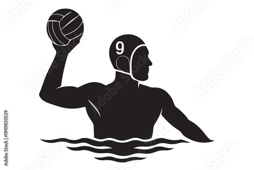 Water polo player raising ball above water in a striking black silhouette high-quality professional detailed