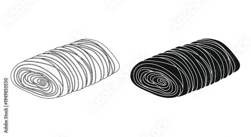 A stylistic black and white illustration shows two tightly rolled towels one light and one dark side by side high quality professional detailed