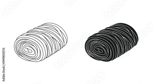 A minimalist black and white illustration depicts two tightly rolled towels one light and one dark showcasing textural contrast high quality