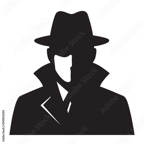 A striking black silhouette of a man wearing a fedora and trench coat silhouette high-quality