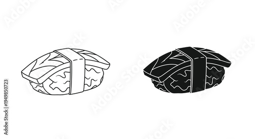 A simple black and white illustration depicts two pieces of nigiri sushi showing the rice and topping subtly textured high quality