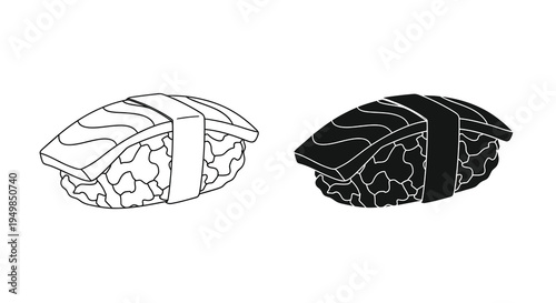 A minimalist black and white illustration depicts three pieces of nigiri sushi showcasing the rice and topping high quality professional detailed
