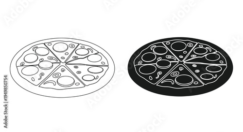 A simple line drawing depicts two pizzas one with a white fill and the other completely black both sliced into eight pieces