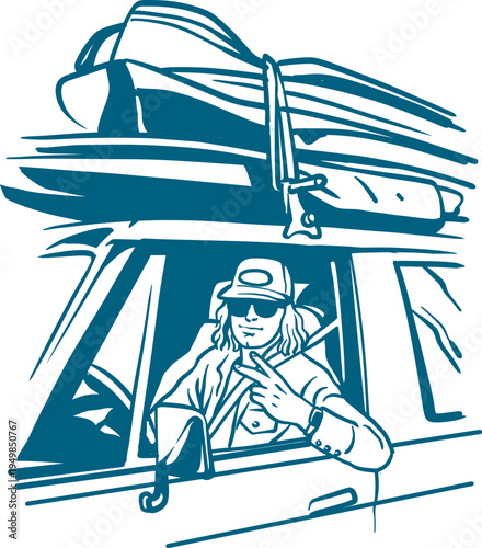 Photo of a woman controlling a boat with stacked kayaks on top, ideal for travel and outdoor activity content.