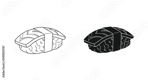 A minimalist black and white illustration depicts two pieces of sushi each wrapped with a band showcasing traditional japanese cuisine