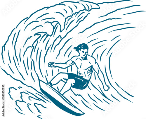 Canvas Print Black-and-white illustration of a male surfer on a large wave, suitable for sports or surfing content