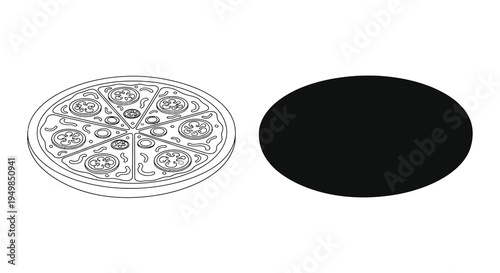 A simple black and white illustration depicts a detailed pizza alongside a solid black circle contrasting shapes and textures