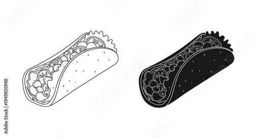 A minimalist black and white illustration depicts two tacos one with a detailed outline and the other fully shaded showcasing a culinary delight