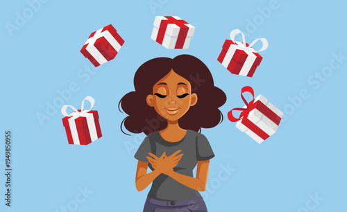 Grateful Woman Surrounded by Presents Vector Illustration. Person used to generosity and the idea of ​​giving gifts feels fulfilled