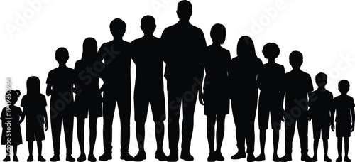 Silhouette of a diverse family group with children and adults standing together Keywords: silhouette, family, group, people