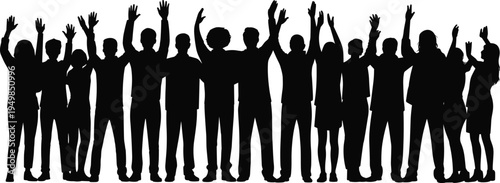 Silhouette of a cheering crowd of people with hands raised in celebration Keywords: silhouette, crowd, people, cheering