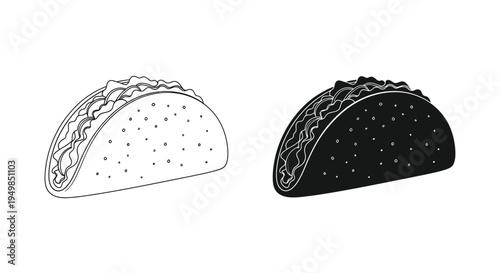 A simple black and white line drawing depicts two tacos one with unfilled detail and the other fully shaded