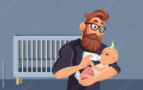 Father Bottle Feeding Baby During Nighttime Vector Illustration. Caring dad takes care of feeding the child when the mother is not around