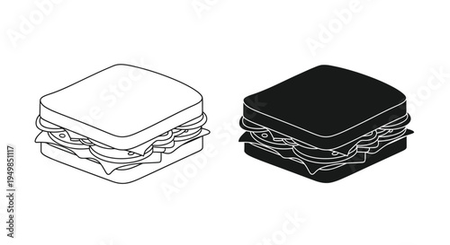 A black and white illustration depicts two sandwiches one with a light outline and the other filled in solid black