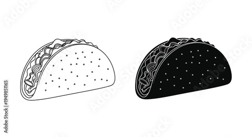 A detailed black and white illustration showcases two tacos one outlined and the other filled depicting a common mexican food item