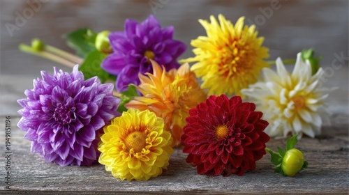 Vibrant Display of Colorful Dahlia Flowers on Rustic Wooden Background