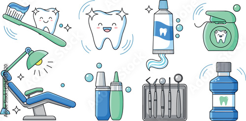 Dental Care Icon Set with Tooth Brushing, Mouthwash, Dental Tools, Toothpaste, Orthodontic Equipment and Dentist Chair Healthcare Vector Illustration