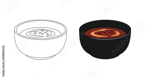 A minimalist illustration depicts two bowls one outlined in white and the other solid black containing a textured substance