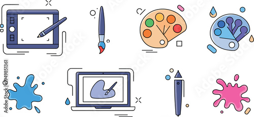 Digital Drawing and Art Design Icon Set Featuring Graphic Tablet, Stylus Pen, Color Palette, Laptop Illustration, Paint Splashes and Creative Artist Tools