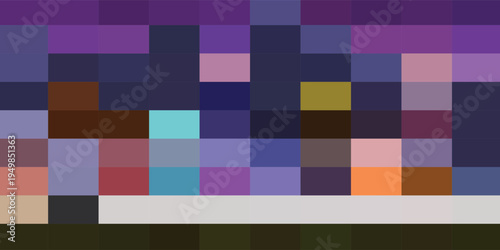 Abstract pixel art with a vibrant color palette and distinct horizontal elements, showcasing a blend of purple, blue, brown, and orange tones.