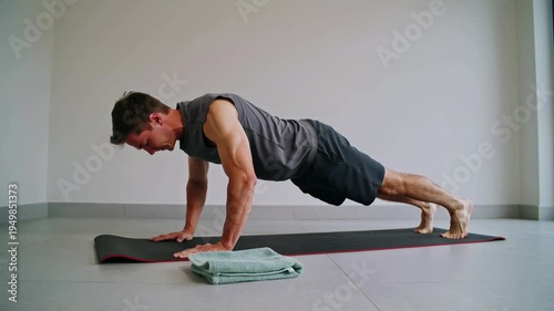 Man doing push ups on yoga mat in gym