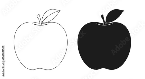 A simple black and white illustration depicts two apples one light and one dark showcasing contrasting forms and outlines