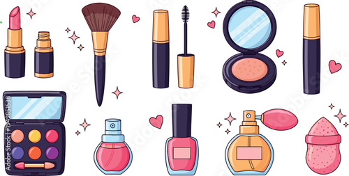 Makeup and Beauty Cosmetics Icon Set with Lipstick, Brush, Mascara, Powder, Eyeshadow Palette, Perfume and Nail Polish Vector Illustration
