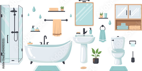 Modern Bathroom Interior Furniture and Hygiene Accessories Set with Bathtub, Shower, Sink, Toilet, Mirror, Towels and Storage Cabinet Vector Illustration