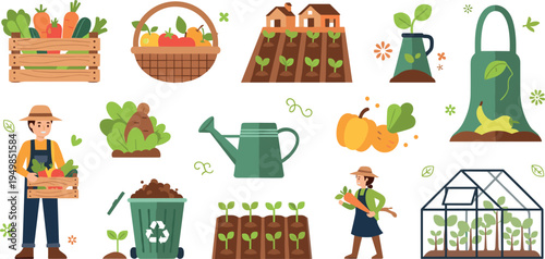 Organic Farming and Home Gardening Icon Set Featuring Farmer, Vegetable Harvest Basket, Greenhouse Plants, Compost Recycling, Watering Can and Sustainable Agriculture Elements