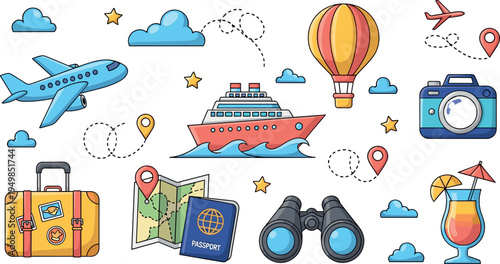 Travel and Tourism Icon Set Featuring Airplane, Cruise Ship, Hot Air Balloon, Passport, Map, Camera, Binoculars, Luggage and Vacation Elements