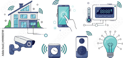 Title:
Smart Home Technology Icon Set with Security Camera, Smart Door Lock, Digital Alarm Clock, Mobile Control, WiFi Devices and Automation System