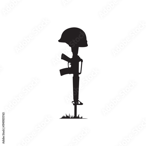 Fallen soldier memorial. Minimal silhouette of a rifle with helmet on a white background, somber tribute concept for remembrance and military themes.