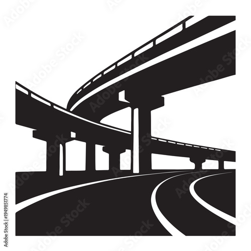 Complex highway overpass structure captured in a striking black and white silhouette high-quality professional detailed