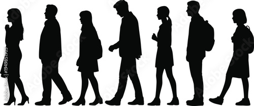 Silhouettes of diverse people walking in a line against a white background vector illustration