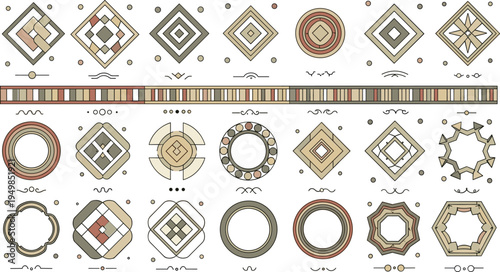 Vintage Geometric Frame and Border Ornament Set Featuring Decorative Square, Circle, Diamond Shapes and Elegant Classic Design Elements for Luxury Branding