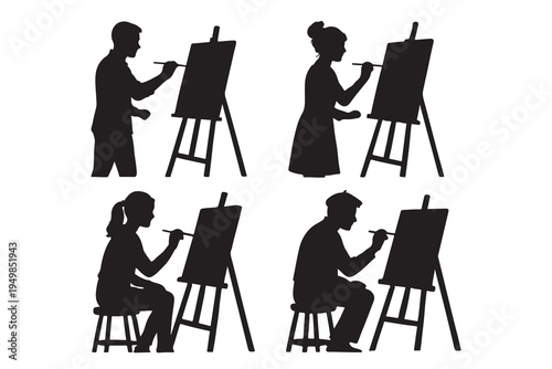 Four artists painting at easels depicted in a striking black silhouette high-quality professional detailed modern
