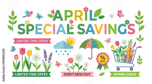 April Sales Advertisement with Spring Flowers and Graphics