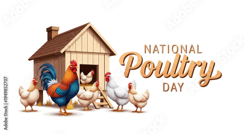 Illustration of a rooster and chickens in front of a coop on National Poultry Day with vector design elements and colorful flat lay composition.