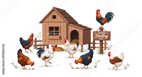 Illustration of chickens and roosters around a wooden coop with a 'Poultry' sign on a white background, conveying a farm animal and poultry farming concept with warm tones.
