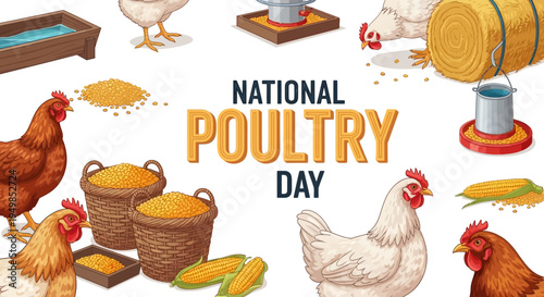Illustration of chickens and farm equipment celebrating National Poultry Day with a design concept for poultry farming and industry