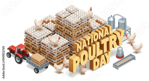 Isometric illustration of a poultry farm with chickens, tractor, and eggs, celebrating National Poultry Day with a design concept for vector illustrations.