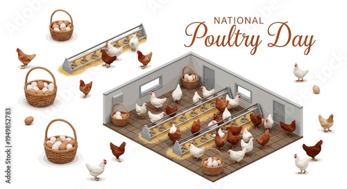 Isometric illustration of a poultry farm with chickens and eggs, celebrating National Poultry Day with a rustic and informative design.