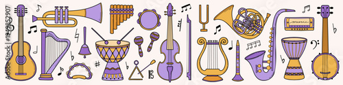 Minimalist vector musical instrument elements for template designs, music festivals. Guitar, saxophone, harp, drum, tambourine, violin vector hand drawn clipart set.