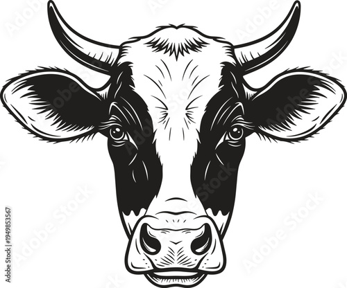 Black and White Cow Head Vector Illustration Stylized Holstein Bull Portrait for Dairy Farm Logo Cattle Breeding and Butchery Mascot