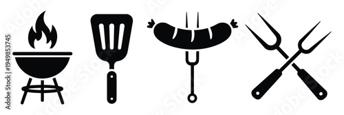 BBQ icon set barbeque icon collection, grill barbecue tools and food symbols including grill fire skewers steak and utensils, vector illustration for restaurant cooking and outdoor barbecue design.
