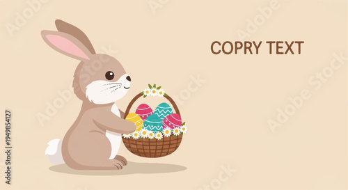 Brown bunny holding colorful easter eggs in basket on beige background with white space